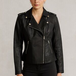 A004 GUESS Black Faux Leather Moto Jacket Gold Zip Size M Biker Style